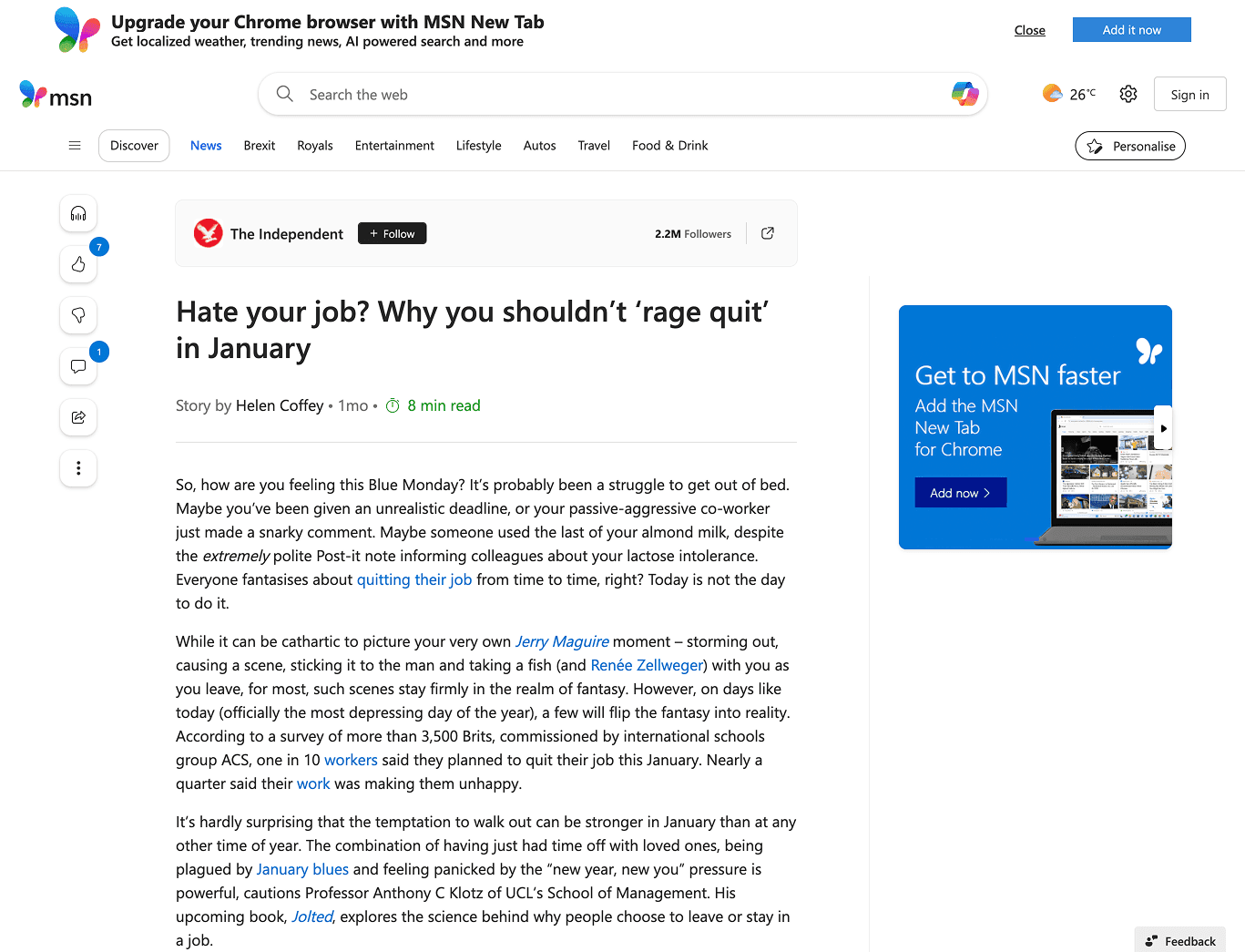 MSN - Hate your job? Why you shouldn't rage quit in January
