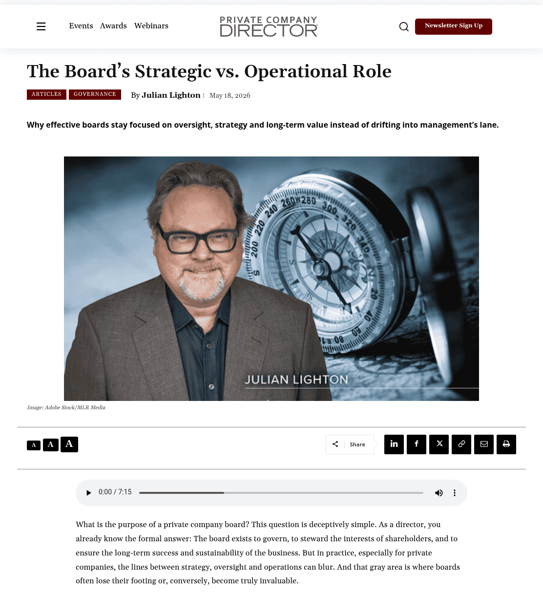 Private Company Director - The Board’s Strategic vs. Operational Role