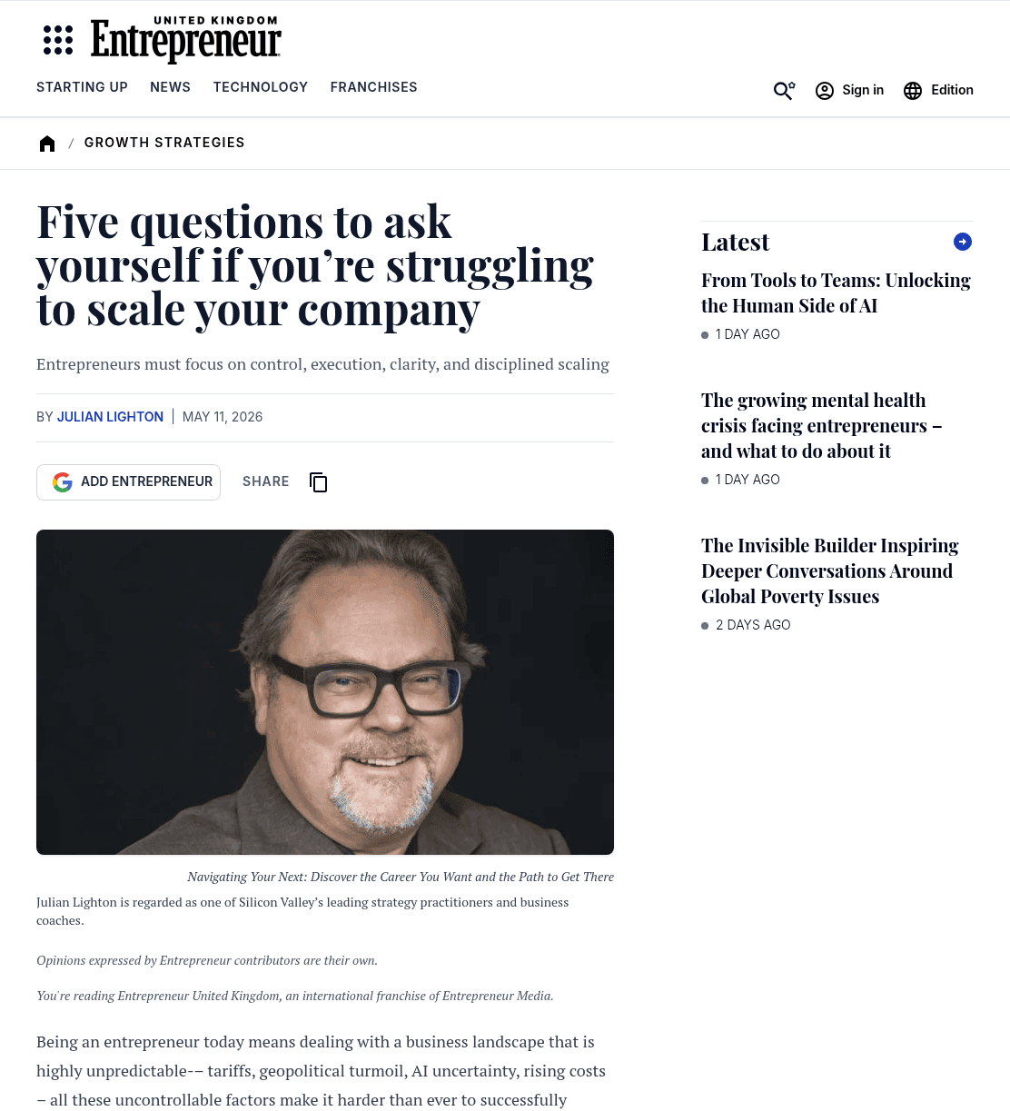Entrepreneur - Five questions to ask yourself if you’re struggling to scale your company